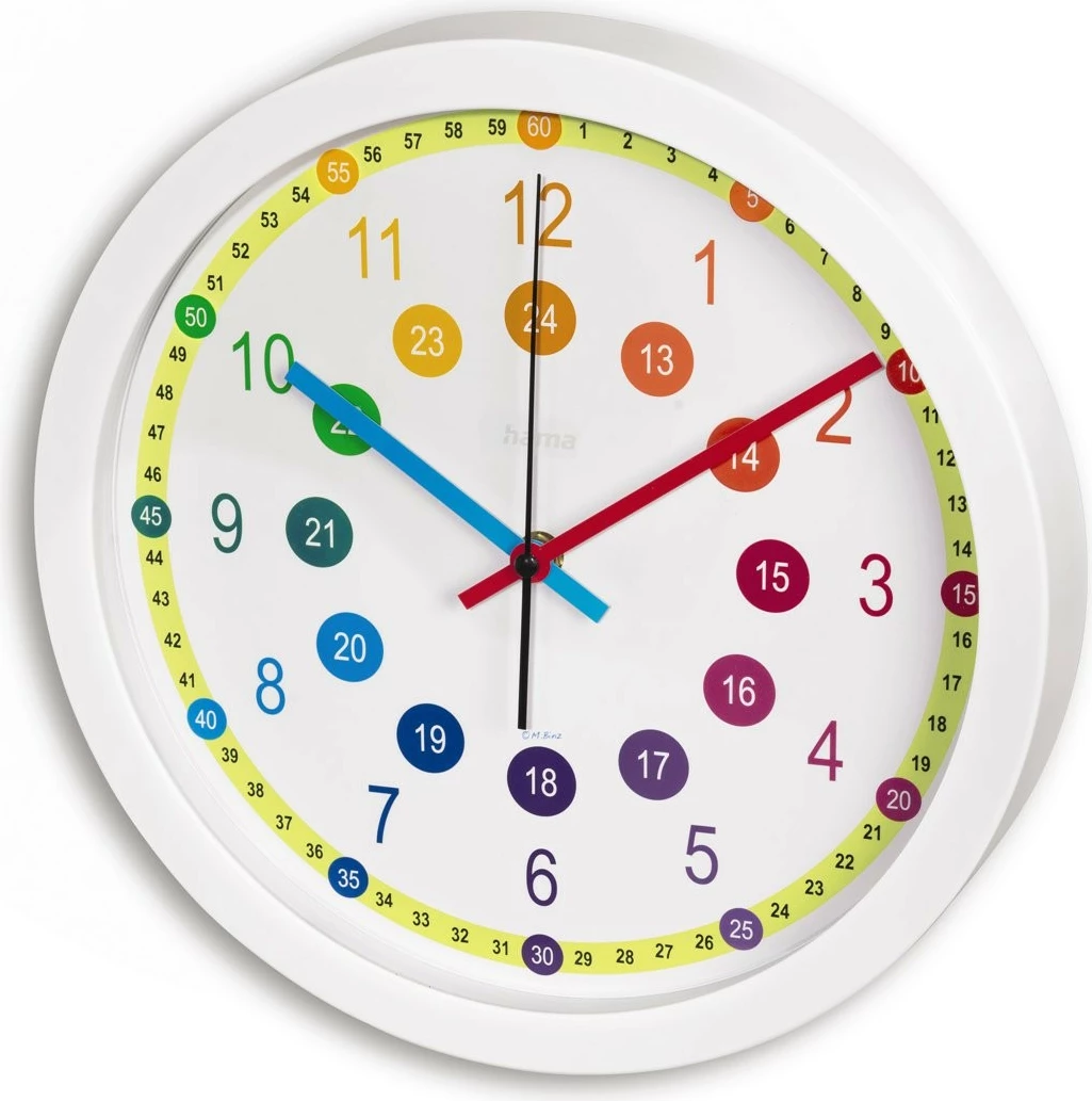 Otroška stenska ura Easy Learning Hama, 30 cm, analogna, večbarvna, bela