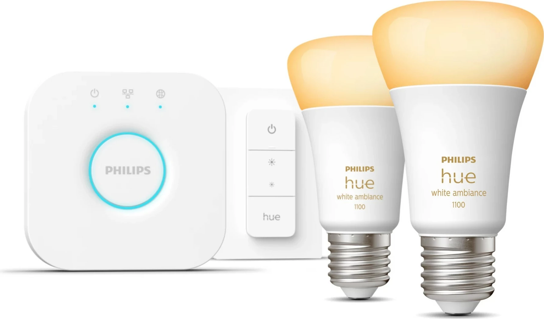 Pametna svetlobna kompleta Philips Hue White ambience, 2x E27 (1100) + stikalni zatemnilnik, Bluetooth/Zigbee, LED, E27, A60, bela