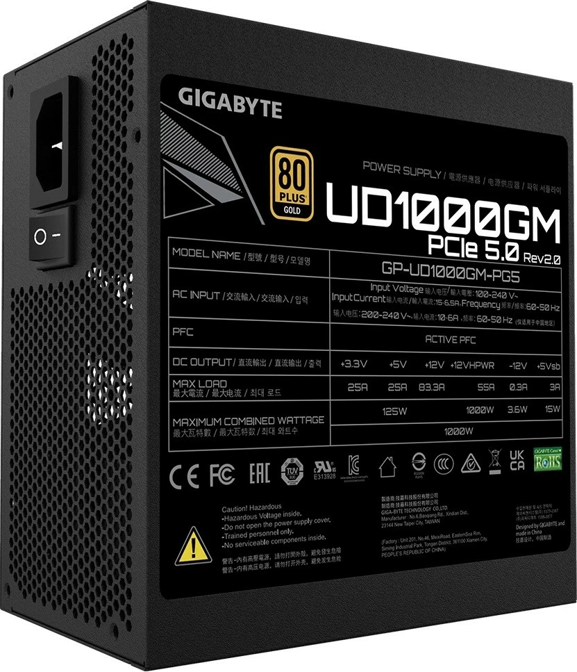 Napajalnik Gigabyte UD1000GM PG5, 1000 W, 80 PLUS Gold, ATX, modularen, črn