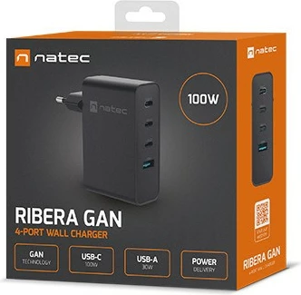 Stenski polnilec Natec Ribera GAN, 100W, 3x USB-C + 1x USB-A, črn