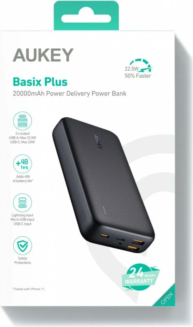 Power bank 20.000 mAh, 5x USB, Quick Charge 3.0, Power Delivery 3.0, 22,5 W, LED, črn - AUKEY PB-N74S Basix Plus