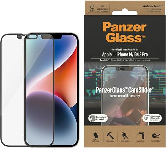 Zaščitno kaljeno steklo PanzerGlass Ultra-Wide Fit CamSlider za iPhone 14/13/13 Pro, antibakterijsko, z drsnim pokrovom kamere