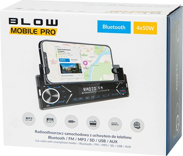 Avtoradio z držalom za telefon BLOW MOBILE PRO 1DIN SMART Mount, Bluetooth, 2x USB, microSD, črn