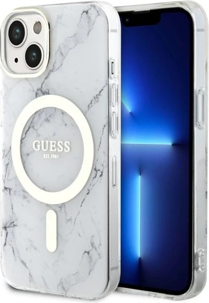 Ovitek za telefon z marmornim vzorcem MagSafe za iPhone 14 Plus 6,7", bel, Guess
