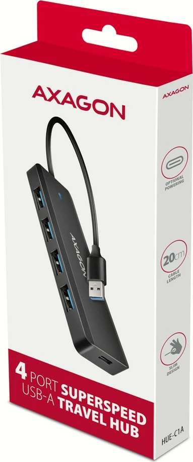 Razdelilec USB, AXAGON HUE-C1A, 4 vrata USB 5Gbps, USB-C napajanje, 19 cm kabel, črn Razdelilec USB, AXAGON HUE-C1A, 4 vrata USB 5Gbps, USB-C napajanje, 19 cm kabel, črn