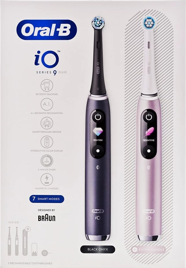 Električna zobna ščetka iO Series 9 Duo Pack, Braun Oral-B, z vgrajeno baterijo, črna in rožnata, set 2 kosa
