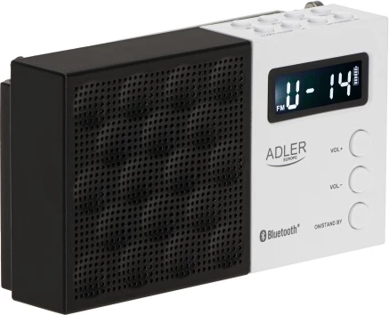 Digitalni radio PLL AM/FM, Adler AD 1908, Bluetooth 5.0, USB/SD, 20 postaj, zaslon LCD, 1,2 W, baterija 800 mAh, bela in črna