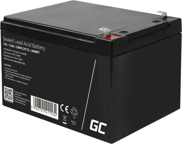 Akumulatorska baterija Green Cell AGM07, 12 V, 12 Ah, črna