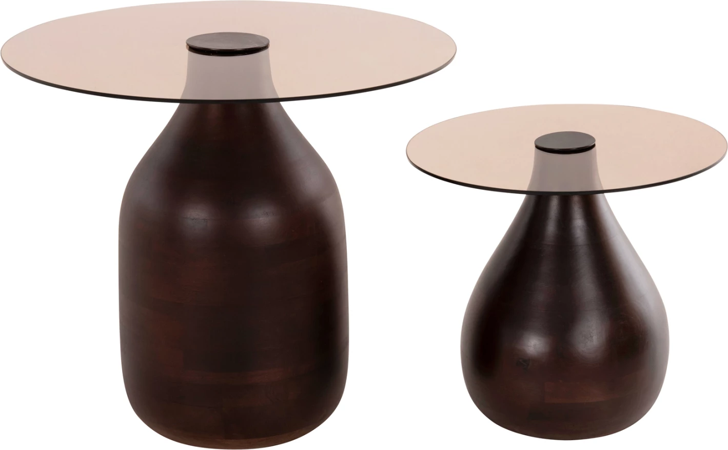 Stranski mizi 2 kosa CHANG FH9668 mango les v rjavi barvi-steklena plošča Φ55x49,5H & Φ40x36,5H cm