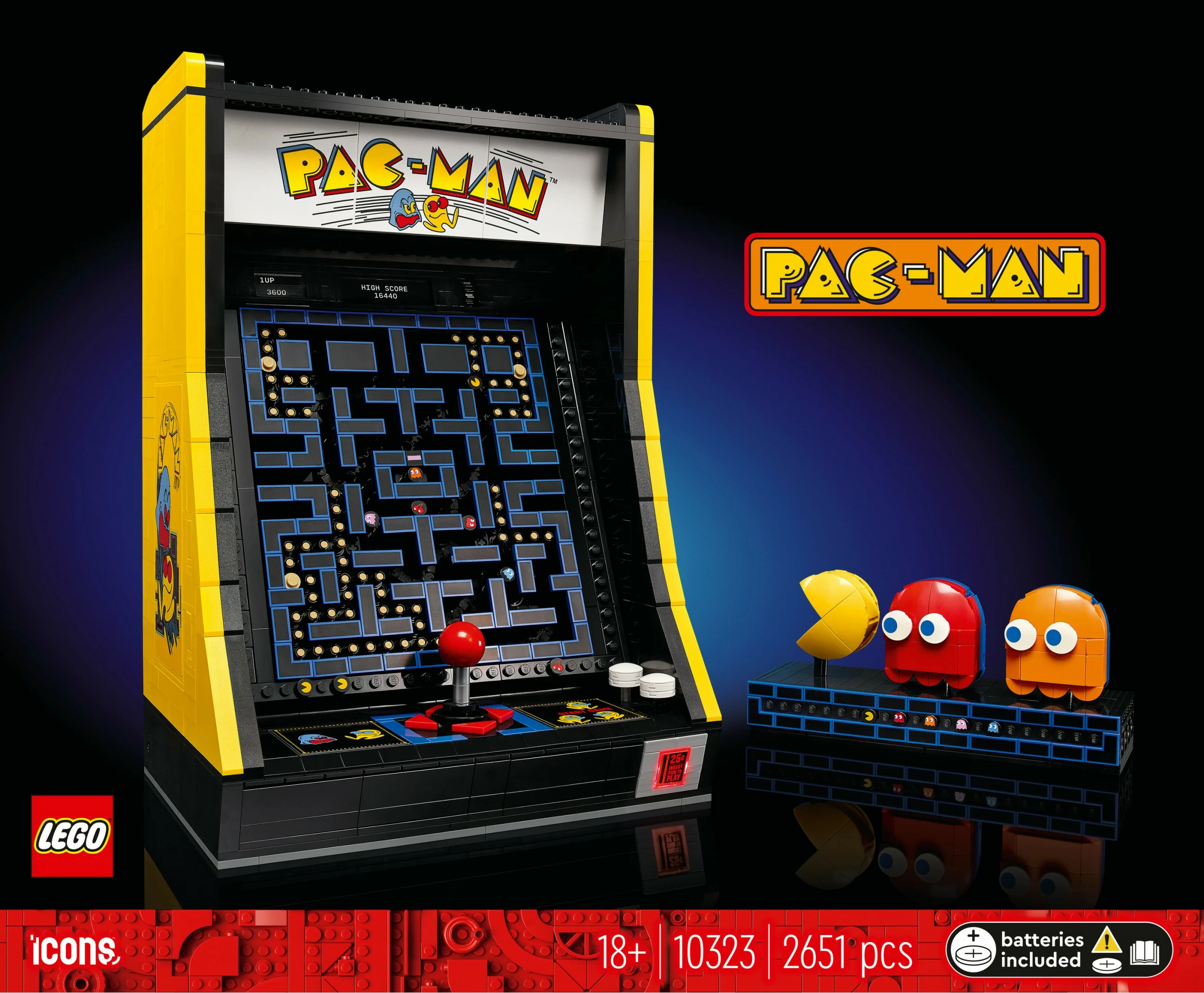 Rekonstrukcija arkadne igre PAC-MAN, LEGO Icons PAC-MAN Arcade 10323, 2651 kosov, večbarven