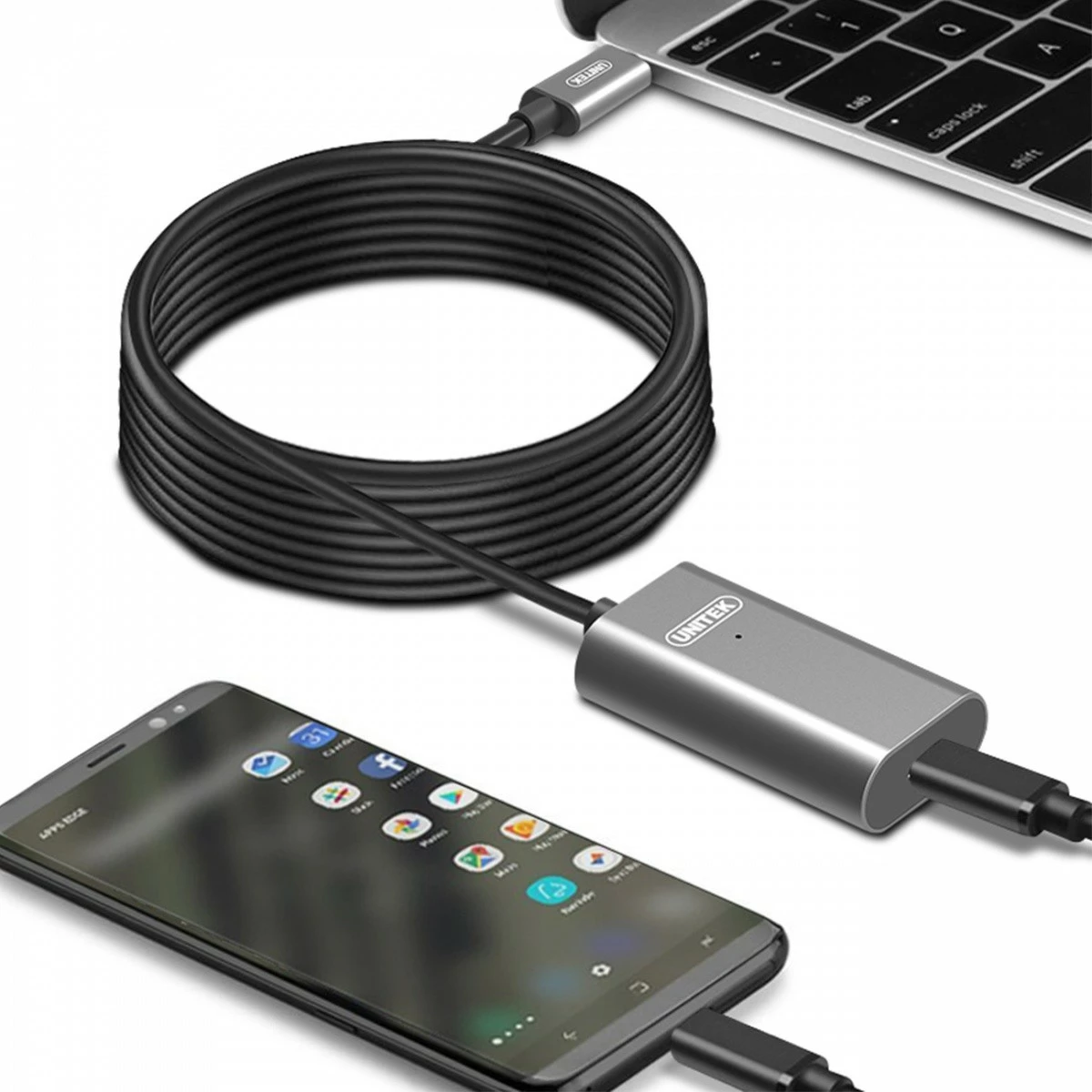 Aktivni podaljšek USB Type-C, Unitek U305A, 5 m, črn/siv