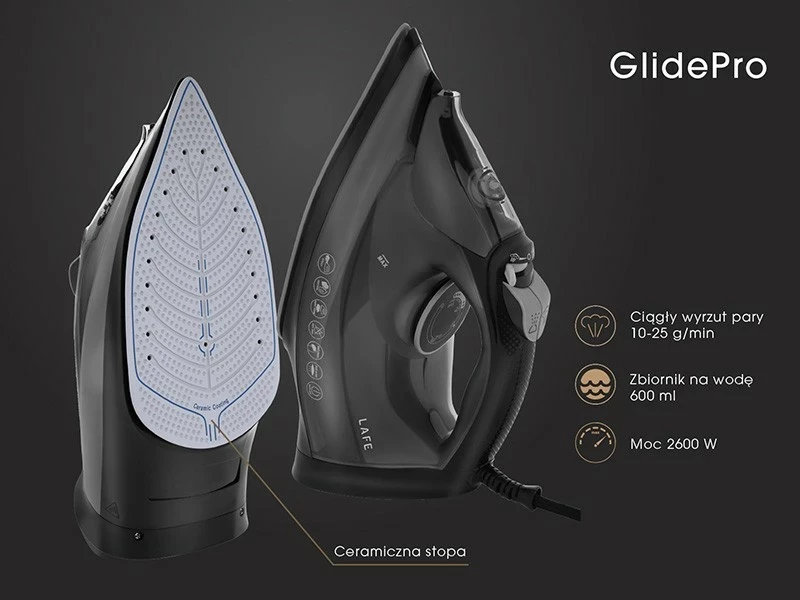 Parni likalnik Lafe GlidePro, 2600 W, keramična likalna plošča, črn