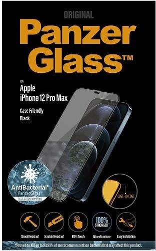 Zaščitno steklo E2E Super+ Microfracture PanzerGlass za iPhone 12 Pro Max, antibakterijsko, črn okvir