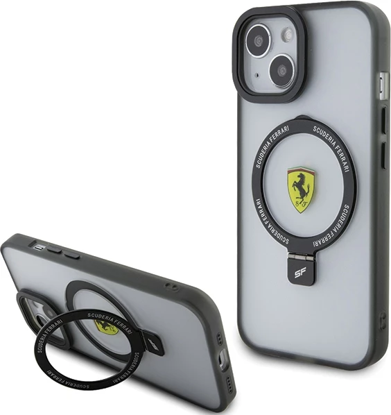 Ovitek za telefon Ferrari Ring Stand 2023 MagSafe za iPhone 15 Plus / iPhone 14 Plus, črn