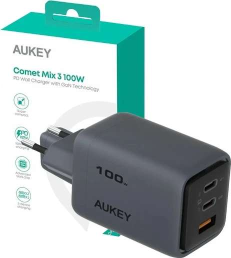 Ultra kompakten 100W zidni polnilec AUKEY PA-C5 Comet Mix 3, 3xUSB (2xUSB-C, 1xUSB-A), siv