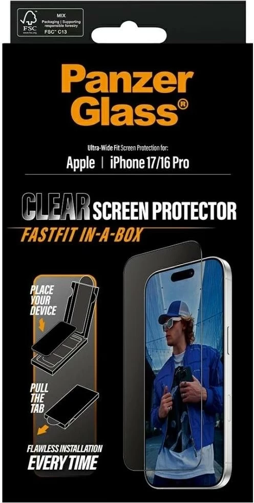 Zaščitno steklo Ultra-Wide Fit Fastfit za iPhone 16 Pro/17, PanzerGlass, prozorno