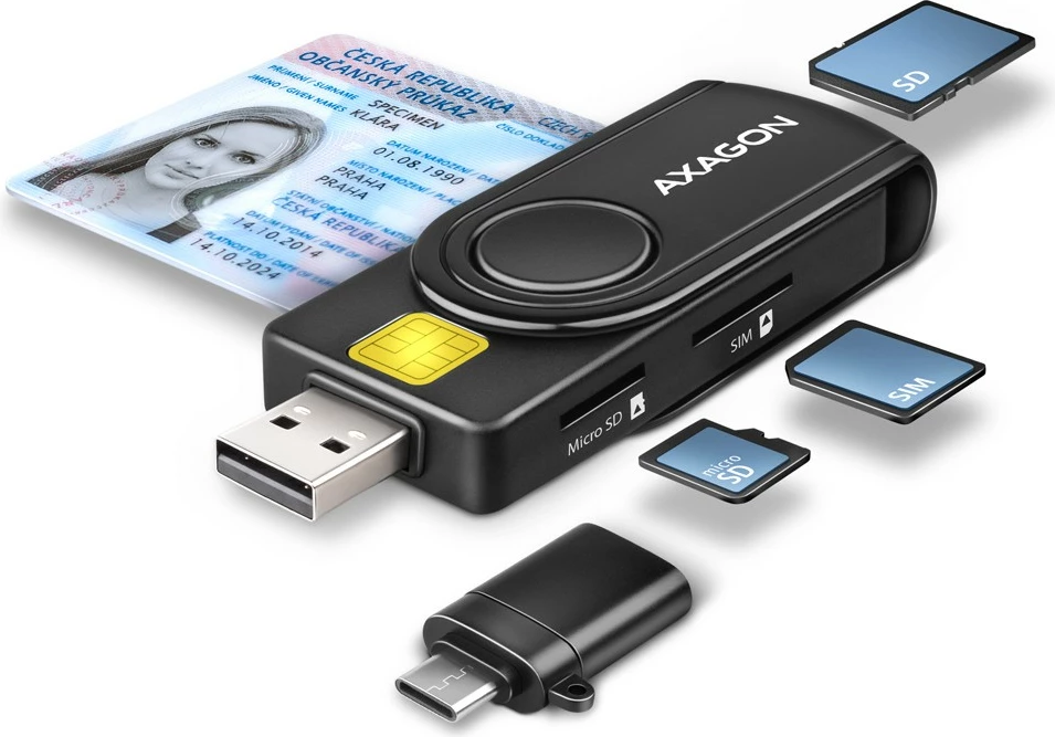 Večfunkcijski bralnik kartic AXAGON CRE-SMP2A, USB 2.0, SD/microSD/SIM/ID, črn