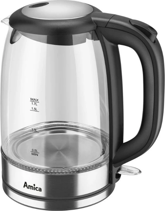 Električni grelnik vode iz borosilikatnega stekla Amica Glass Kettle KD2050G, 1,7 L, črno/prosojen
