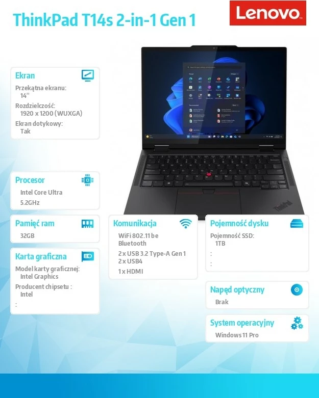 Ultrabook 2-v-1 Lenovo ThinkPad T14s Gen 1, 14", Intel Core Ultra 7 255U, 32 GB RAM pomnilnika, 1 TB SSD, Windows 11 Pro, črn
