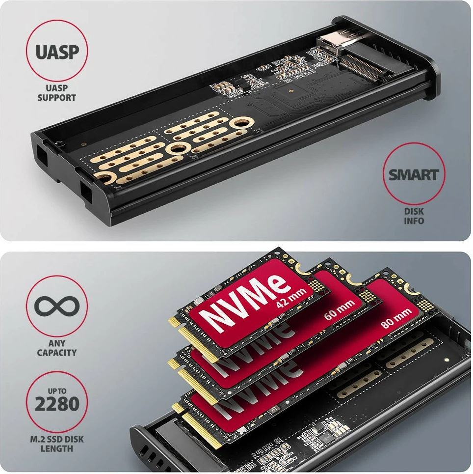Zunanje računalniško ohišje za SSD AXAGON EEM2-SD2, M.2 NVMe/SATA, USB-A/C 3.2 Gen2, LCD zaslon, sivo Zunanje računalniško ohišje za SSD AXAGON EEM2-SD2, M.2 NVMe/SATA, USB-A/C 3.2 Gen2, LCD zaslon, sivo