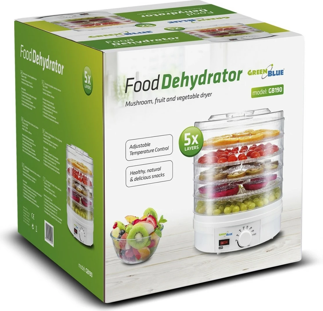 Sušilnik gob, zelenjave in sadja GreenBlue GB190, 5 pladnjev, 250 W, bel
