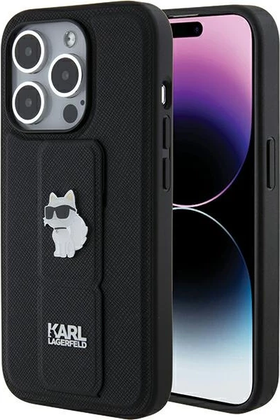 Ovitek Gripstand Saffiano Choupette Pins za iPhone 15 Pro Max, Karl Lagerfeld, črn