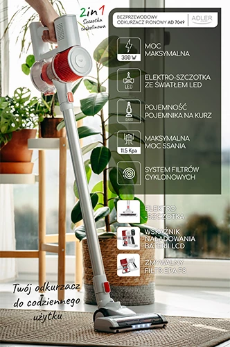 Pokončni brezžični sesalnik Adler AD 7051, 300 W, 0,6 L, 22,2 V Li-ion 2200 mAh, krtača z LED, LCD, bel/rdeč
