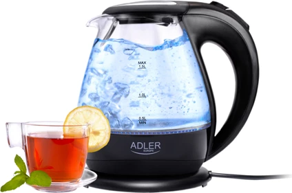 Kuhalnik za vodo iz stekla, Adler AD 1224, 1,5 L, 2200 W, LED osvetlitev, črn