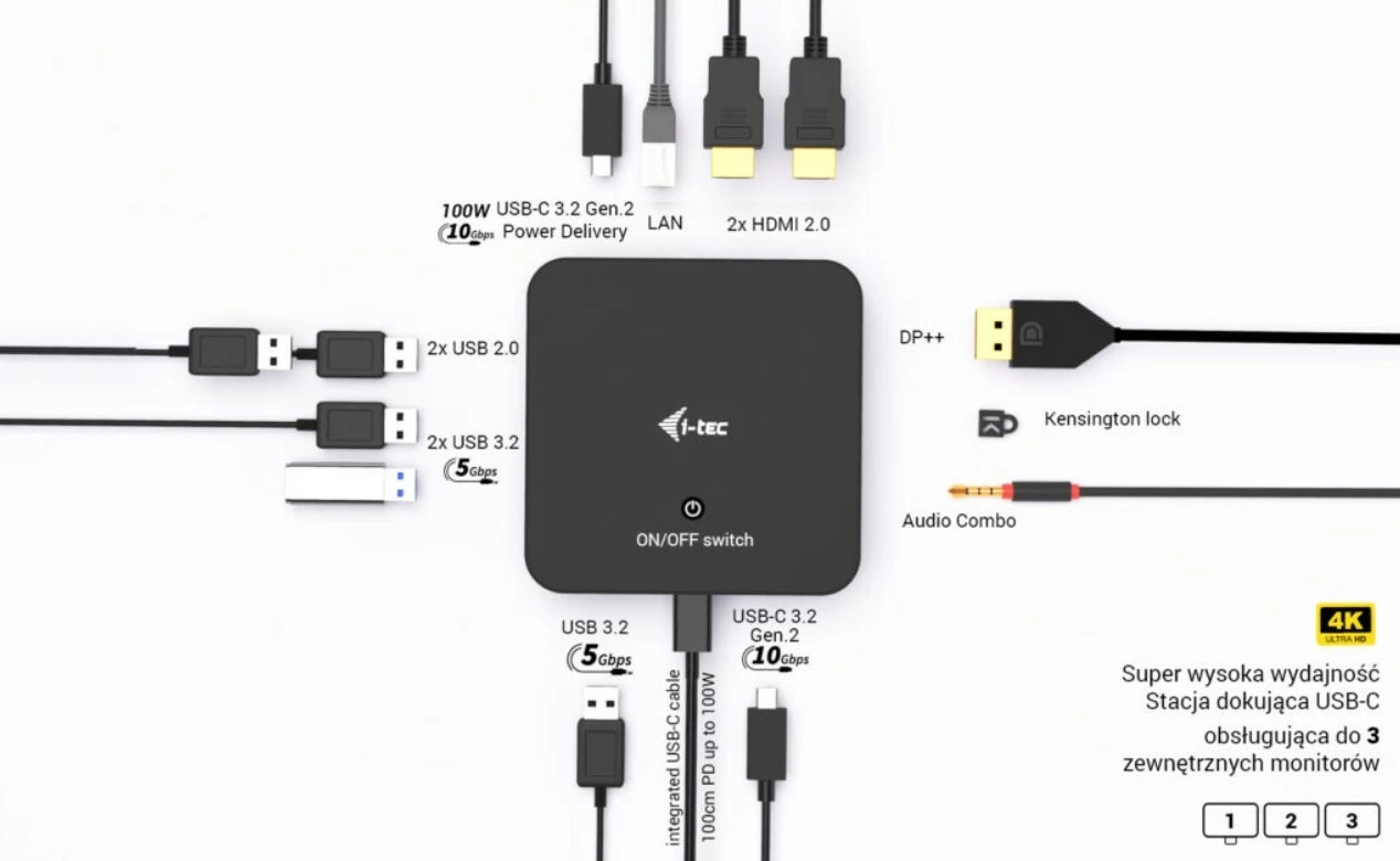 Docking postaja z univerzalnim polnilcem 100W i-tec C31TRIVIDPRO100W, črna