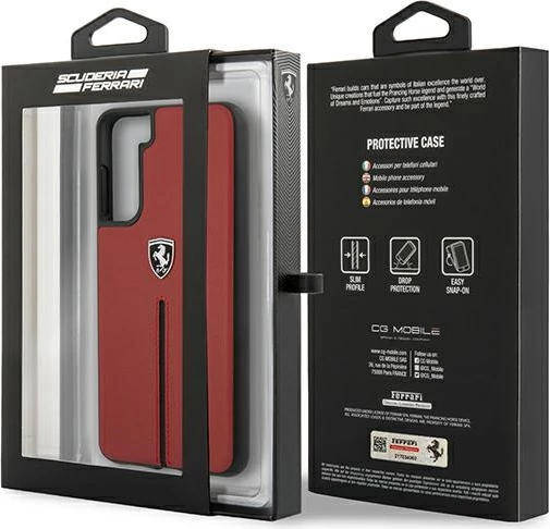 Ovitek Ferrari Off Track za Samsung Galaxy S21+, naravno usnje, rdeč