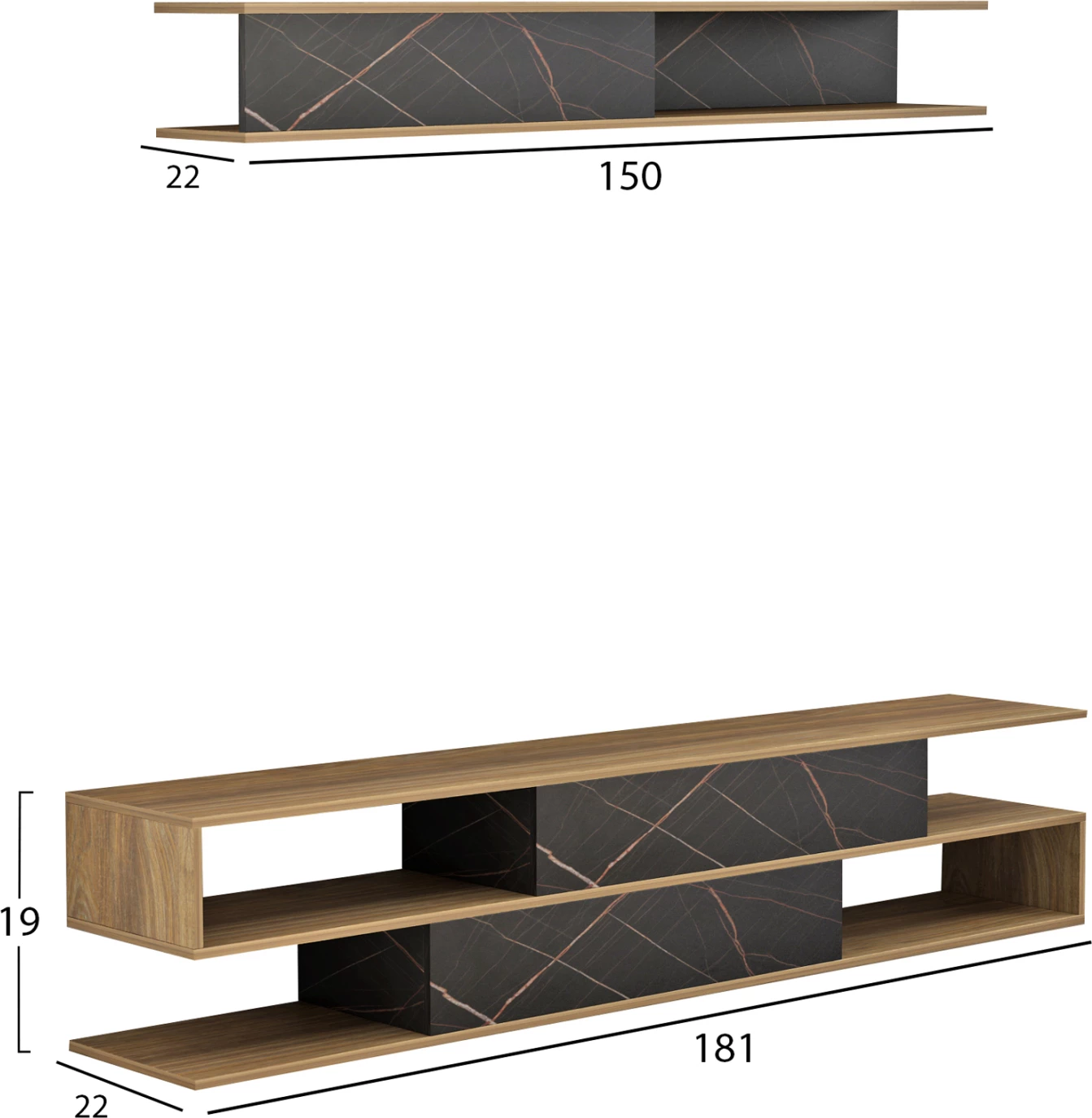 Komplet pohištva za TV Birgitta FH8903.12 iz melamina v naravno-črnem marmorju 181x31,5x39,6Hcm