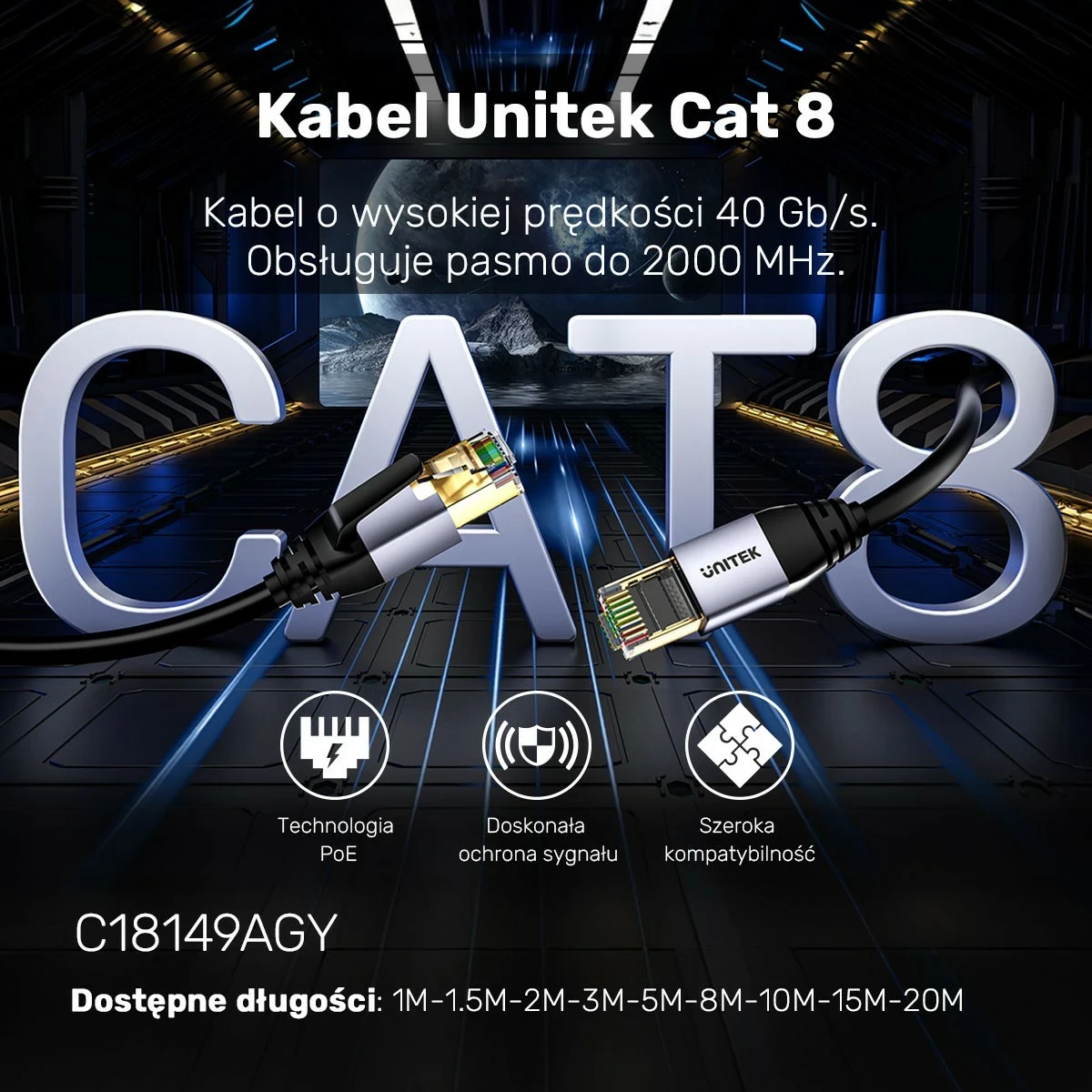 Ethernet kabel Unitek RJ-45 LAN, patchcord cat.8, 5 m, črno-siv