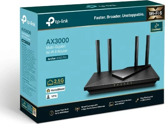 Usmerjevalnik WiFi 6 AX3000 TP-LINK Archer AX55 Pro, črn