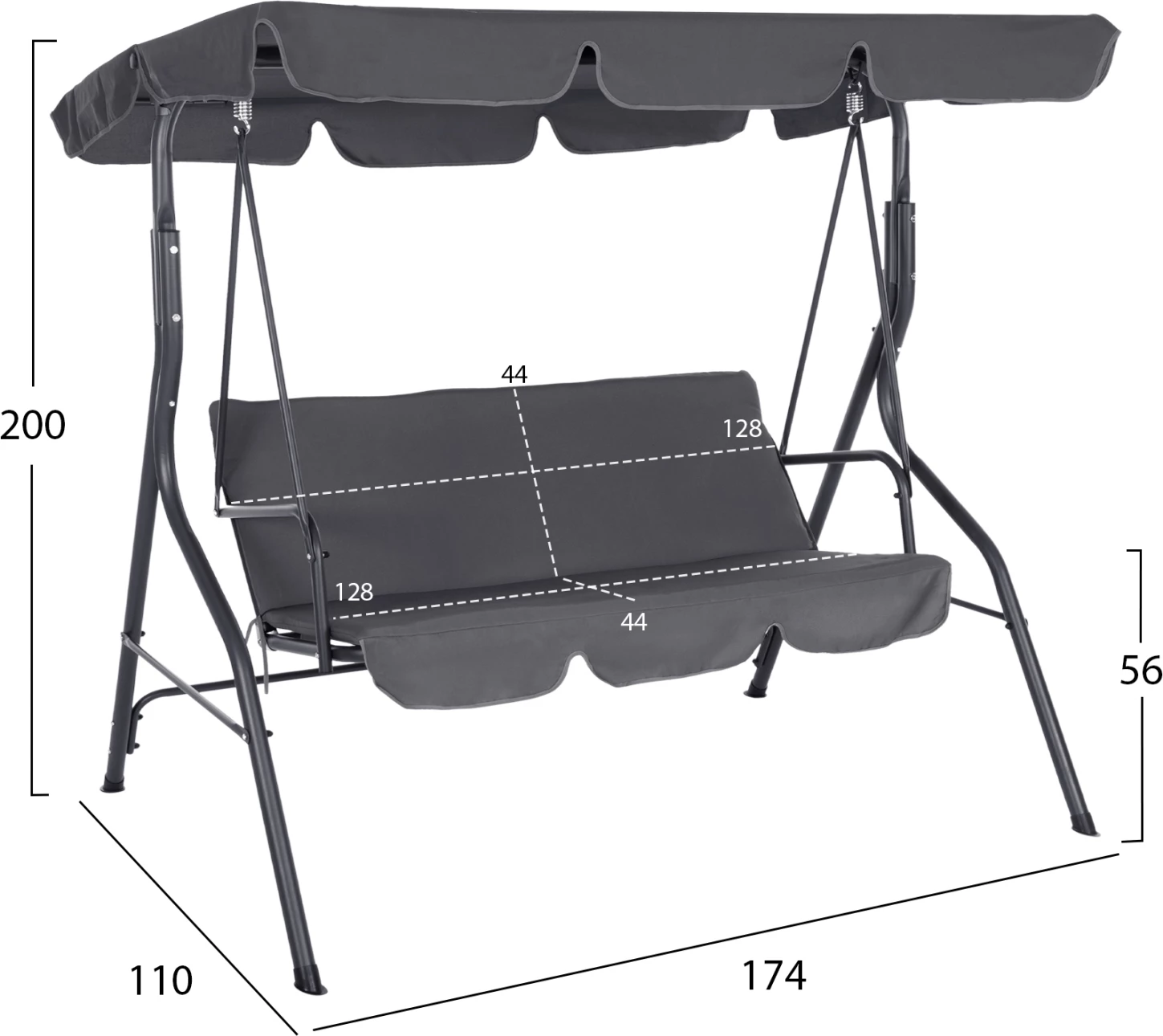 Trosedna veranda gugalnica s sončno streho LIKID FH5979.01 kovinski okvir in tkanina v sivi barvi 170x110x153Hcm
