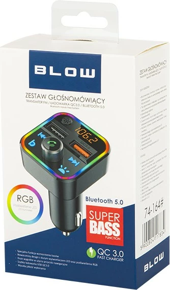 FM Bluetooth oddajnik BLOW 74-164#, 2x USB, QC3.0, RGB, črn