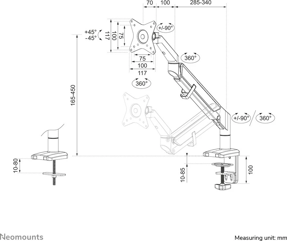 Nosilec za monitor Neomounts, s sponko/čepom, 9 kg, 43,2 cm (17"), 81,3 cm (32"), 100 x 100 mm, črn Nosilec za monitor Neomounts, s sponko/čepom, 9 kg, 43,2 cm (17"), 81,3 cm (32"), 100 x 100 mm, črn