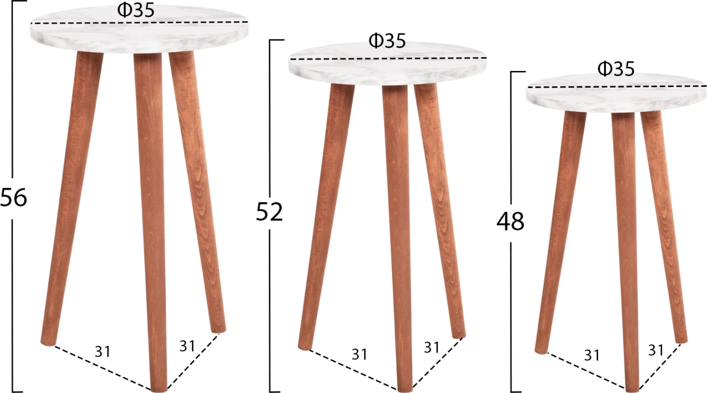 Set klubske mize in 3 stranske mize VITAL FH18180.03 melamin v beli marmor-lesene noge v orehu