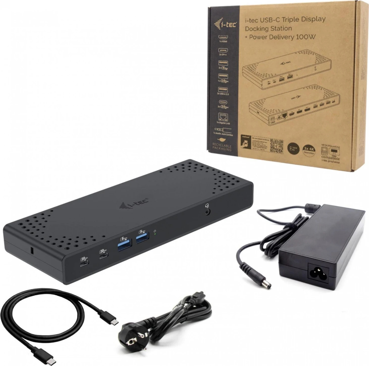 Docking postaja USB-C Triple Display Gen 2, Power Delivery 100W, črna - i-tec