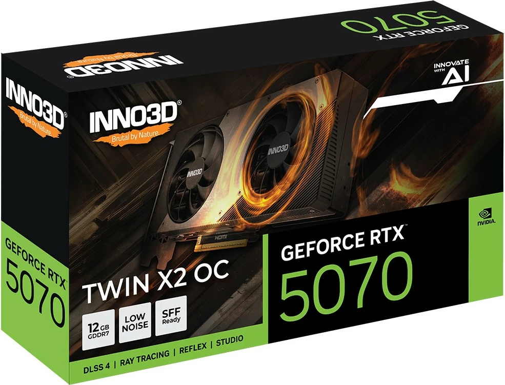 Grafična kartica Inno3D GeForce RTX 5070 TWIN X2 OC, 12 GB, PCI Express 5.0, črno-siva Grafična kartica Inno3D GeForce RTX 5070 TWIN X2 OC, 12 GB, PCI Express 5.0, črno-siva