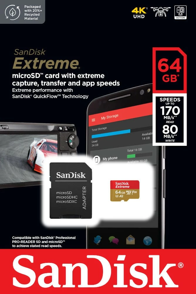 Kartica microSDXC SanDisk Extreme, 64 GB, z adapterjem, 170/80 MB/s, A2 V30 U3
