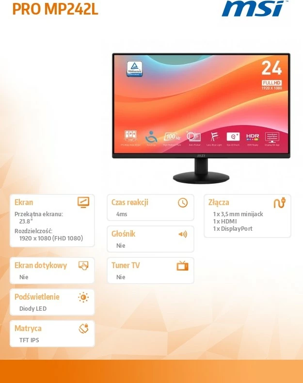 23,8" zaslon Full HD, 100 Hz, črn - Monitor MSI PRO MP242L