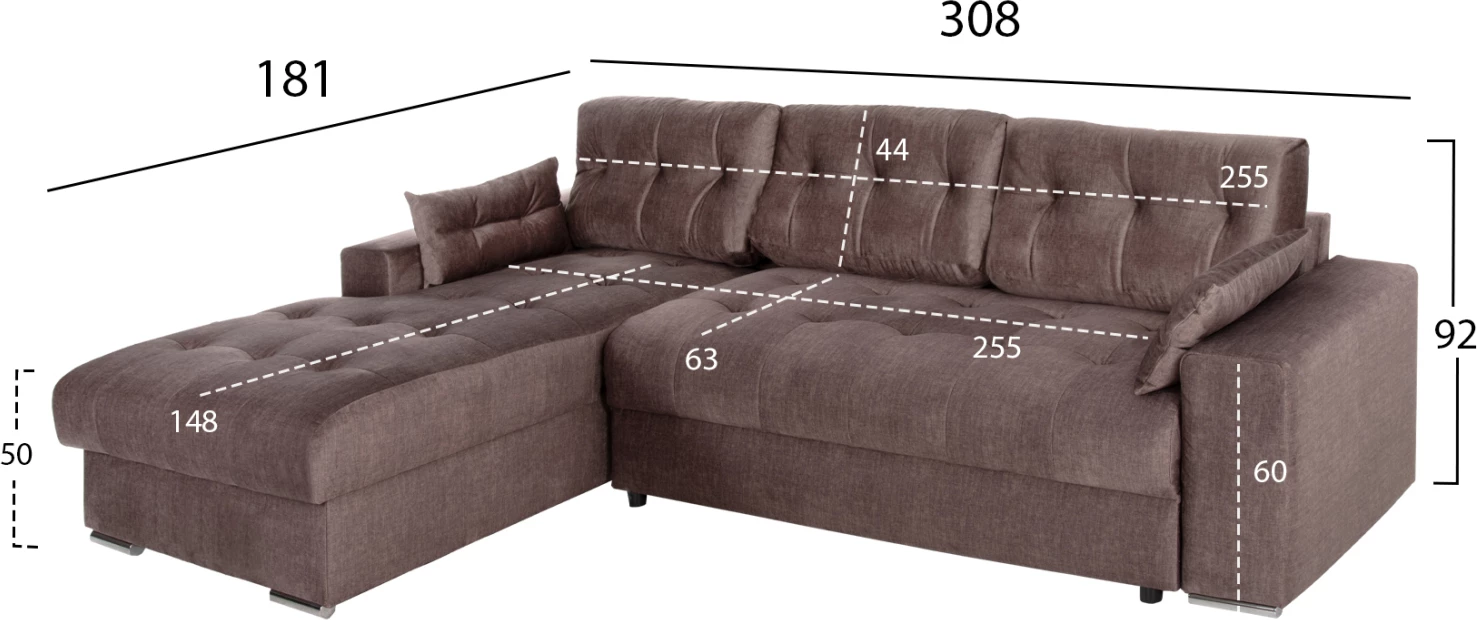 Kotna (leva) raztegljiva sedežna garnitura z ležiščem in shranjevalnim prostorom Clancy FH3281.03L rjava tkanina 308x181x92H cm