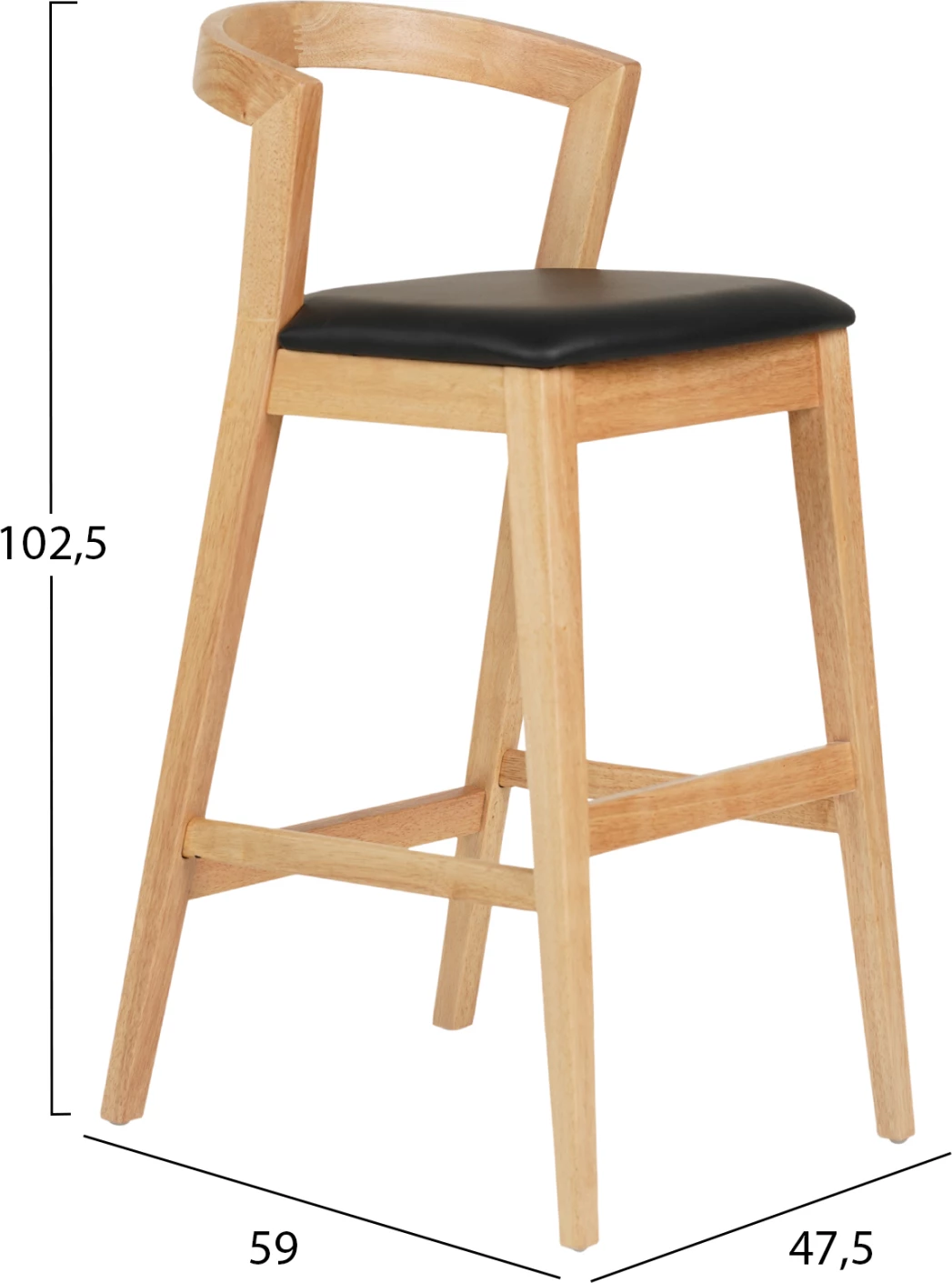 Barski stol NAMI FH9952.01 iz kavčukovca v barvi hrasta-črna PU 47,5x59x102,5Hcm