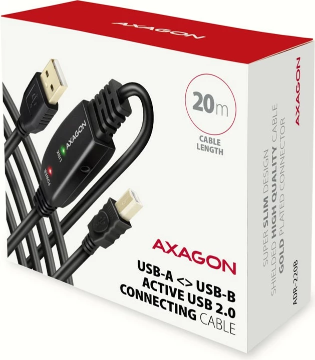 Aktivni USB 2.0 kabel, AXAGON ADR-220B, 20 m, za tiskalnik, črn Aktivni USB 2.0 kabel, AXAGON ADR-220B, 20 m, za tiskalnik, črn