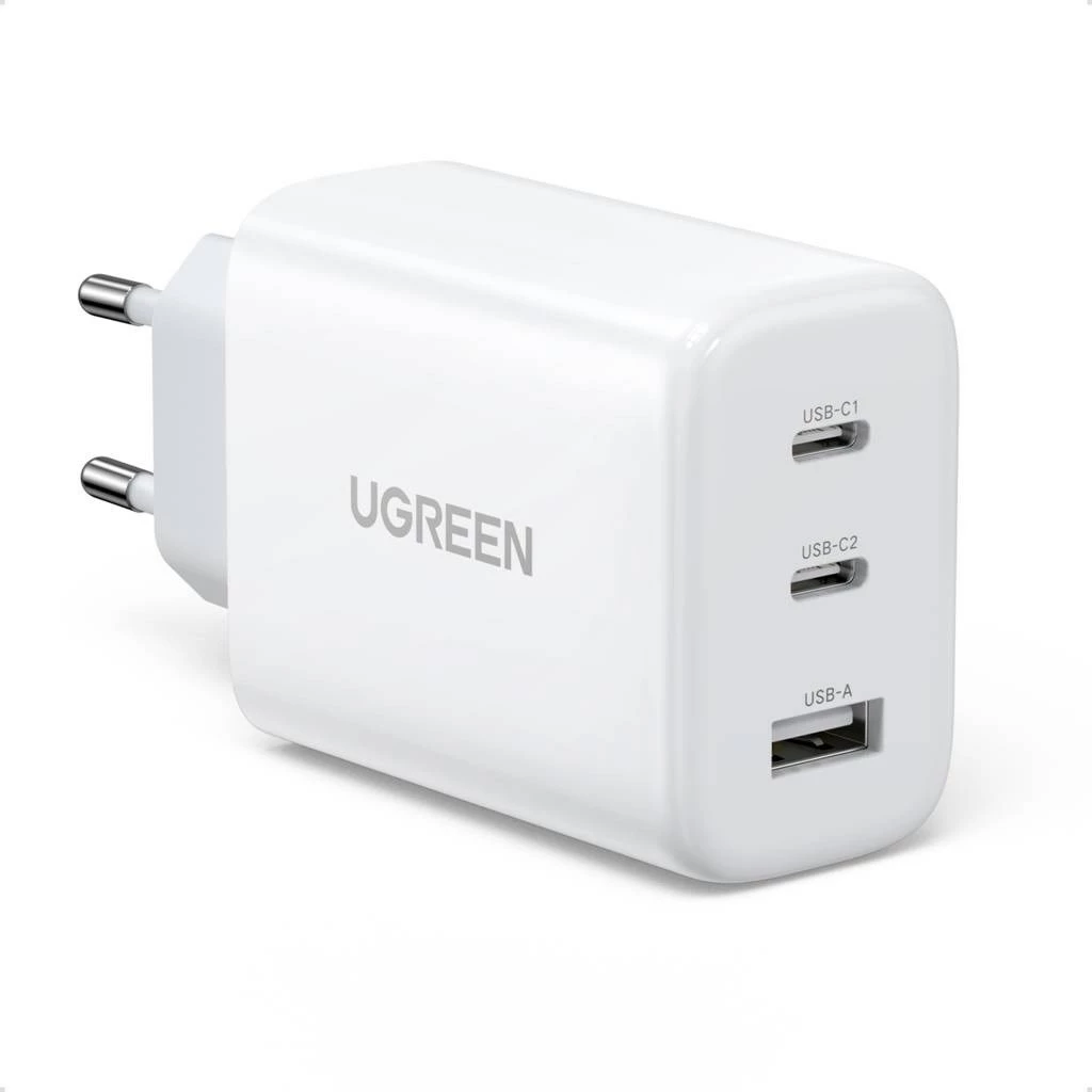 Stenski polnilec UGREEN CD275 s kablom, 65 W, 2x USB Type-C / USB-A, bel