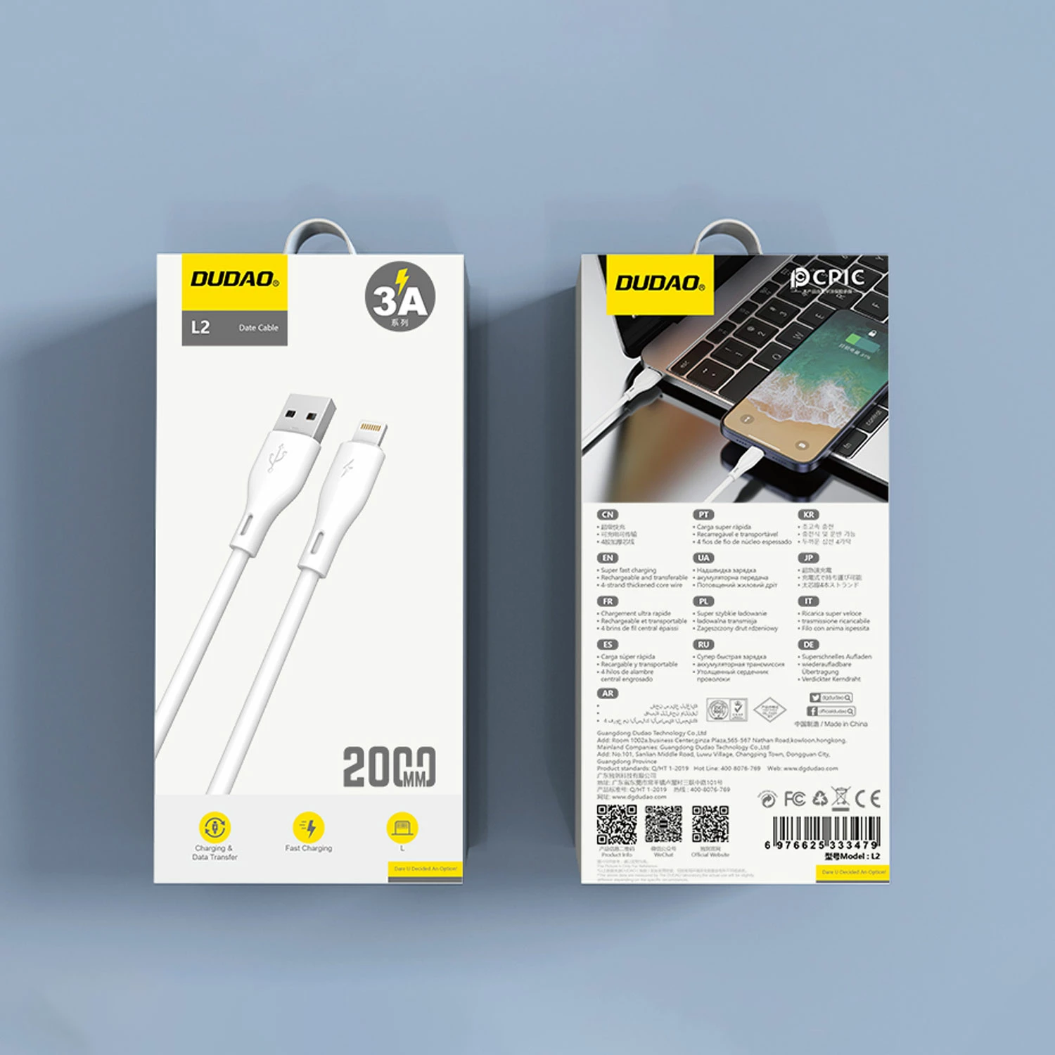 Kabel USB-A na Lightning, 2 m, 3A, bel — Dudao L2L