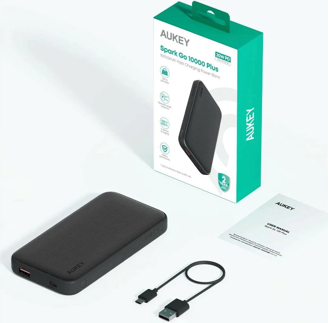 Powerbank AUKEY PB-Y46P Spark Go, 10000 mAh, 22,5 W, 2×USB, USB-C kabel, črn