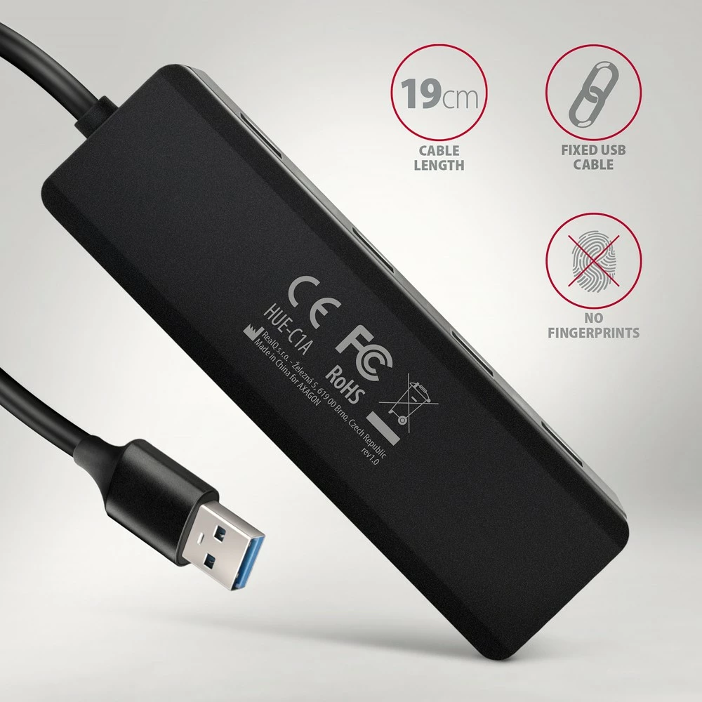 Razdelilec USB, AXAGON HUE-C1A, 4 vrata USB 5Gbps, USB-C napajanje, 19 cm kabel, črn Razdelilec USB, AXAGON HUE-C1A, 4 vrata USB 5Gbps, USB-C napajanje, 19 cm kabel, črn
