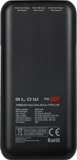Polnilna baterija 20000 mAh QC+PD 20W, BLOW PB20E, bela