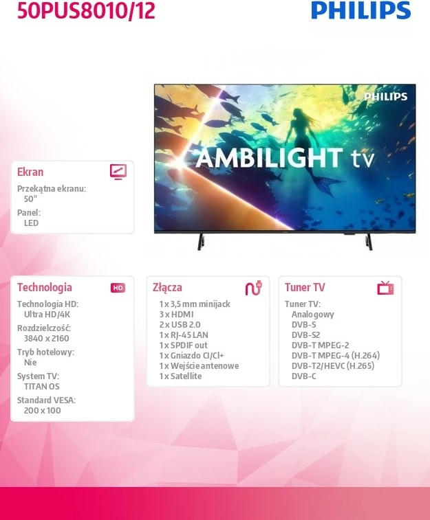 LED televizor 50 inč Ultra HD 4K Ambilight, Philips 50PUS8010/12, črn LED televizor 50 inč Ultra HD 4K Ambilight, Philips 50PUS8010/12, črn